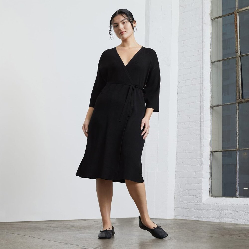 Everlane The Ribbed Wrap Midi Dress Black Base - Size M